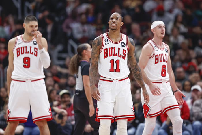 December 7, 2022; Chicago Bull' DeMar DeRozan, Nikola Vucevic, and Alex Caruso during home game against the Washington Wizards.
